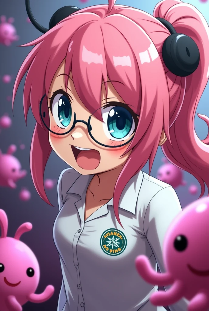 An animated cartoon style girl with a ponytail in pink hair wearing glasses fighting an aggressive toxic bacteria anime