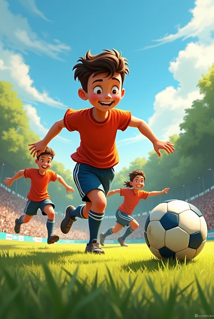 Tim is playing soccer with his friends. He is running on the field, kicking the ball, and trying to score a goal. Everyone is cheering, and Tim is smiling as he plays.
