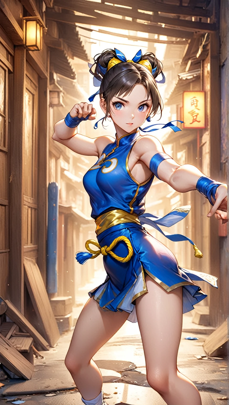 (Highest quality,8k,32K,masterpiece,Ultra-high resolution :1.2 ),born,One girl,Super cute,Natural light,Clear, shining eyes,20-year-old,Fair skin,A fantasy background of an abandoned Chinese town in an electronic world,Street Fighter Chun-Li's hairstyle,chun li hairstyle,Chun-Li's Outfit,Chun-Li's Outfit,Large Breasts,Kicking pose,Kicking,Good at footwork,