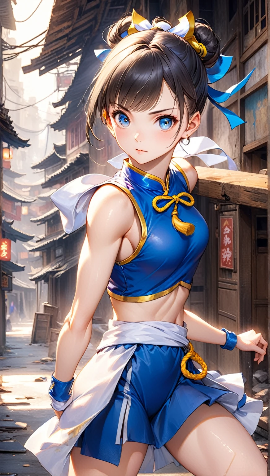 (Highest quality,8k,32K,masterpiece,Ultra-high resolution :1.2 ),born,One girl,Super cute,Natural light,Clear, shining eyes,20-year-old,Fair skin,A fantasy background of an abandoned Chinese town in an electronic world,Street Fighter Chun-Li's hairstyle,chun li hairstyle,Chun-Li's Outfit,Chun-Li's Outfit,Large Breasts,Kicking pose,Kicking,Good at footwork,