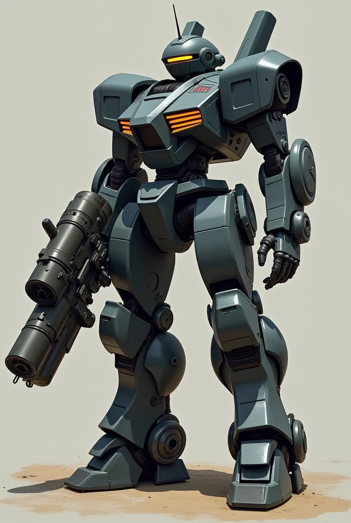Create a human-shaped robot with a heavy cannon replacing its arm, in a dynamic pose and with dark colors 