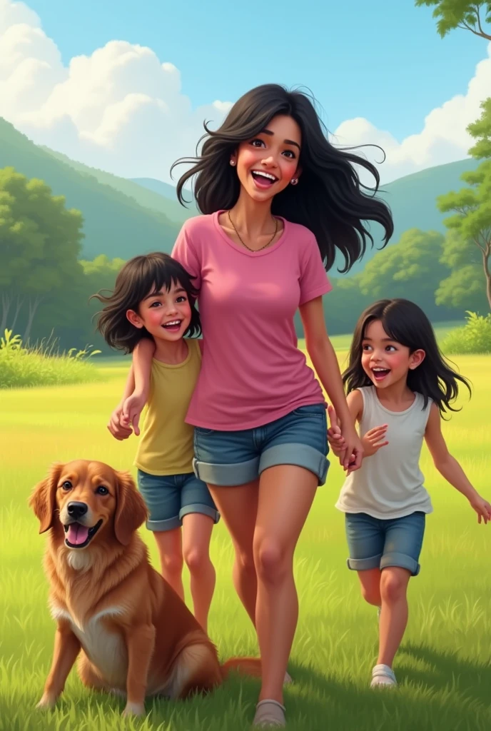 A Brazilian woman, 30 years old white, Bblack hair, sitting on a grass, wearing a pink t-shirt and shots, with two daughters, your dog, showing extroverted personality. 真实感