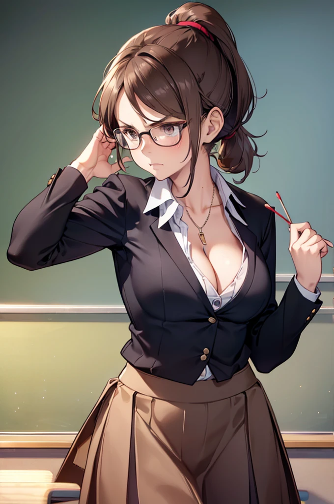 ponytail,(Cleavage), ((((((teacher, adult woman)))))), (((solo))), brown hair, suit, shirt, (((look down))), angry, ((whip)), skirt,
