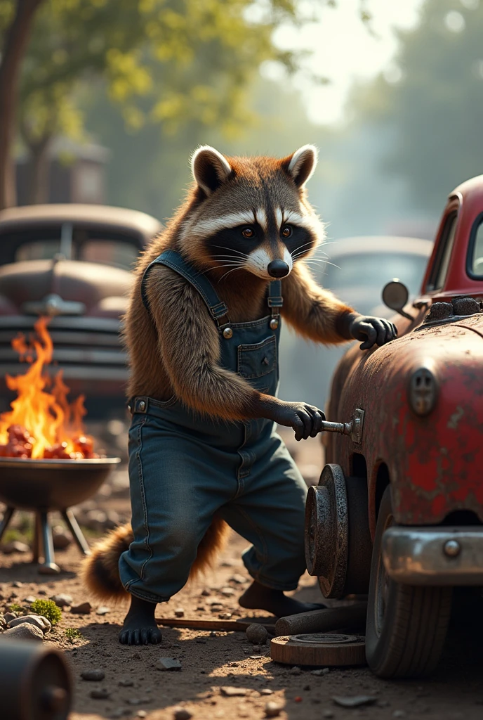 Muscular raccoon in overalls repairing old cars while barbecuing 
