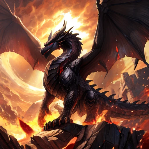 A black dragon that destroys the world, With scarlet eyes, The whole body is covered with black armor, Possessing a pair of blood-red wings, It can emit rays of light that destroy everything., Pure Dragon