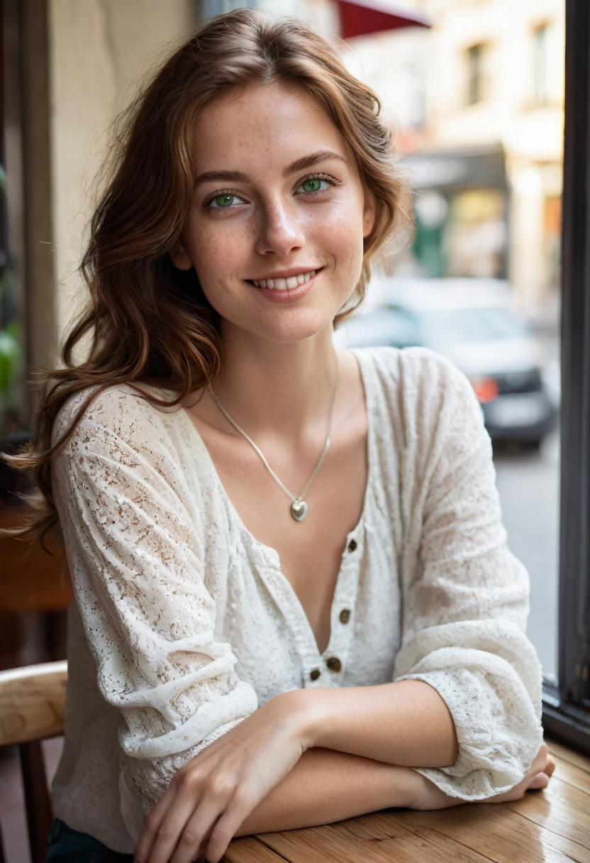 A stunning 24-year-old woman with deep green eyes and chestnut brown hair that falls in soft waves. She is sitting at a cozy café by the window, wearing a casual yet stylish outfit of fitted jeans and a white blouse. The natural light illuminates her fair, freckled complexion, emphasizing her delicate features and warm smile. Her simple silver necklace with a small pendant glints subtly as she enjoys a cup of coffee, with the urban scenery softly blurred in the background.