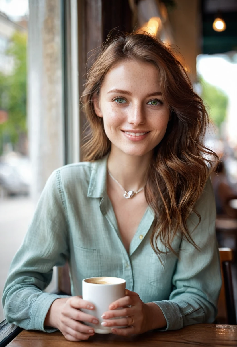 A stunning 24-year-old woman with deep green eyes and chestnut brown hair that falls in soft waves. She is sitting at a cozy café by the window, wearing a casual yet stylish outfit of fitted jeans and a white blouse. The natural light illuminates her fair, freckled complexion, emphasizing her delicate features and warm smile. Her simple silver necklace with a small pendant glints subtly as she enjoys a cup of coffee, with the urban scenery softly blurred in the background.