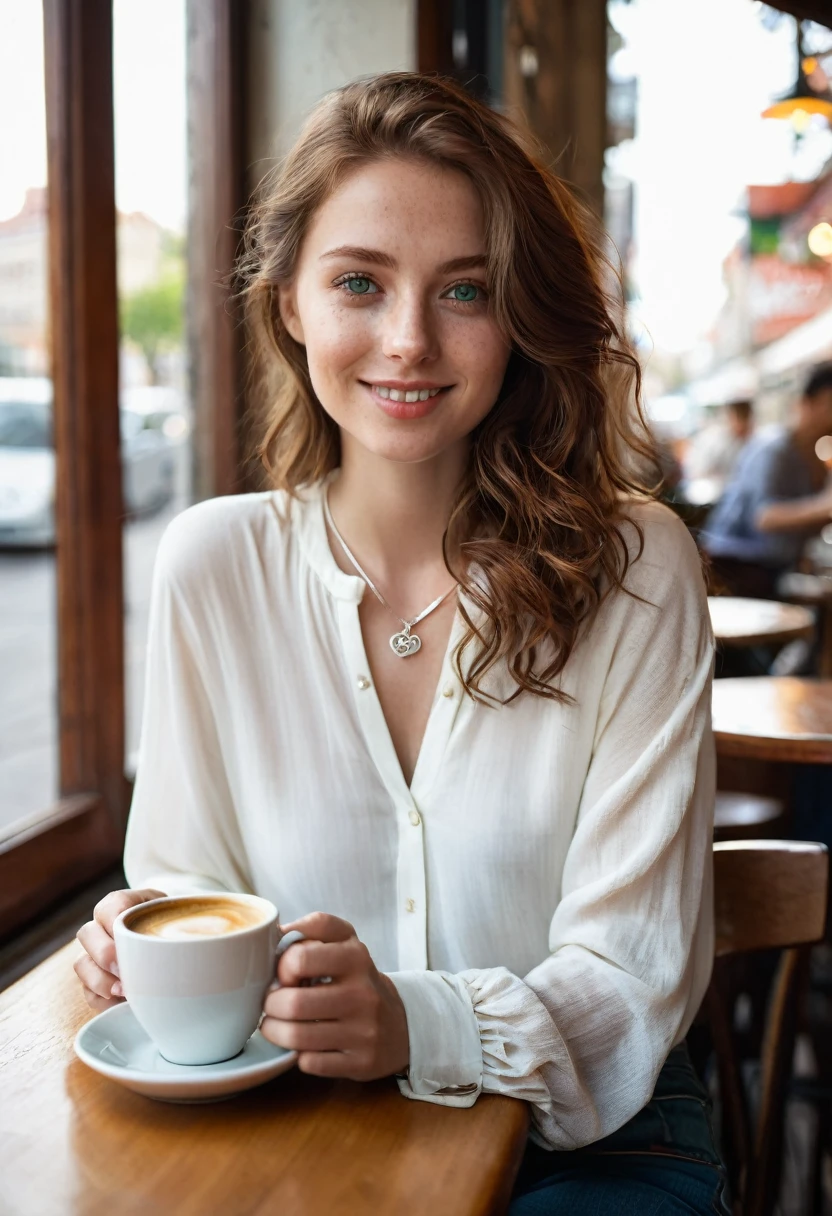 A stunning 24-year-old woman with deep green eyes and chestnut brown hair that falls in soft waves. She is sitting at a cozy café by the window, wearing a casual yet stylish outfit of fitted jeans and a white blouse. The natural light illuminates her fair, freckled complexion, emphasizing her delicate features and warm smile. Her simple silver necklace with a small pendant glints subtly as she enjoys a cup of coffee, with the urban scenery softly blurred in the background.