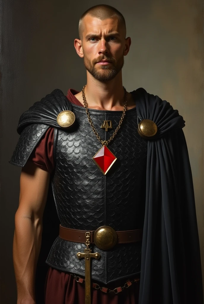  {{Masterpiece, best quality, by John Singer Sargent, full oil painting, muted colors}}, (((((dramatic half body portrait of a 40 years old male ancient Roman soldier, solemn, valiant, tall, upright, brown skin, skinny, blonde, goatee, buzzcut))))). ((((he is wearing a black, silken, Roman uniform, scale armor lorica, made of iridescent alligator leather, with samurai inspired elements, ronin inspired elements, wearing a large red diamond shape pendant)))).