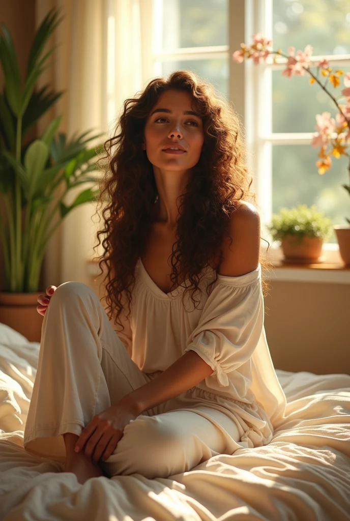 (photorealism:1.2), beautiful woman, sitting on bed, wearing loose off-shoulder top, pajama pants, long curly hair, indoors, soft lighting, plants in background, window with sunlight, cozy room, relaxed pose, realistic, intricate details, warm colors, by Greg Rutkowski, by Alphonse Mucha