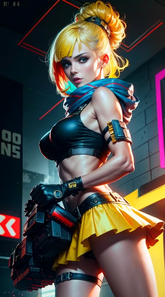 motor irreal:1.4,CG ultra realista 64K, fotorrealista:1.4, textura de la piel:1.4, obra 1girl,gatling gun, shell casing, looking at viewer, bangs, ammunition belt, gloves,breasts,firing,
extreme detailed,highest detailed, optical mixing, playful patterns, lively texture, unique visual effect,o cyberpunk color amarillo, pantimedias red , mini skirt blue,