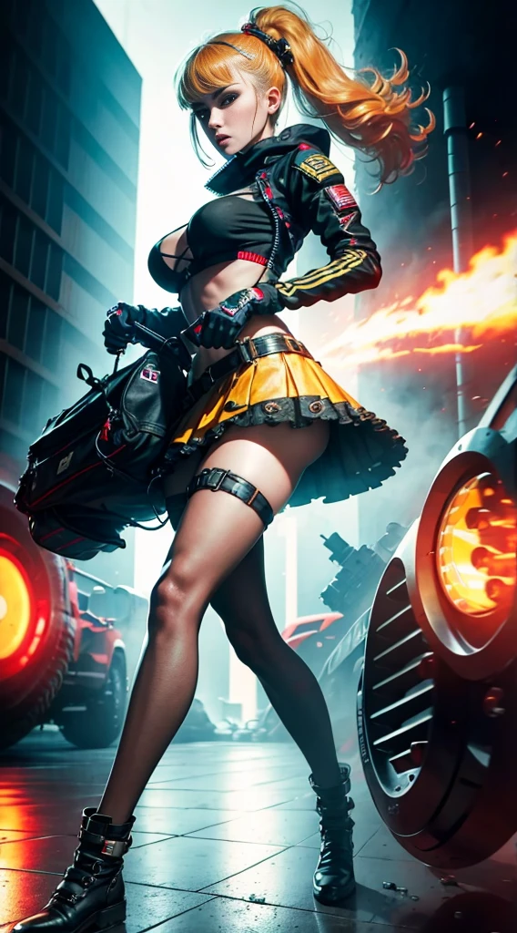 motor irreal:1.4,CG ultra realista 64K, fotorrealista:1.4, textura de la piel:1.4, obra 1girl,gatling gun, shell casing, looking at viewer, bangs, ammunition belt, gloves,breasts,firing,
extreme detailed,highest detailed, optical mixing, playful patterns, lively texture, unique visual effect,o cyberpunk color amarillo, pantimedias red , mini skirt blue,