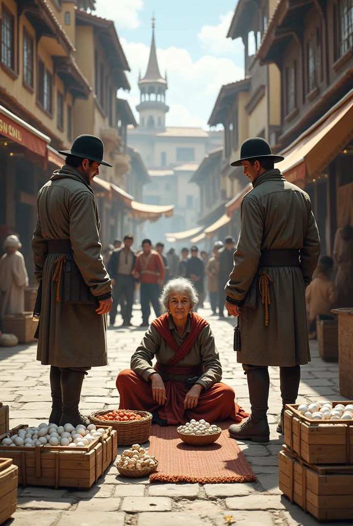 An old woman sits selling eggs and some fabrics on the floor of a busy square and two municipal guards approach her to talk to her.