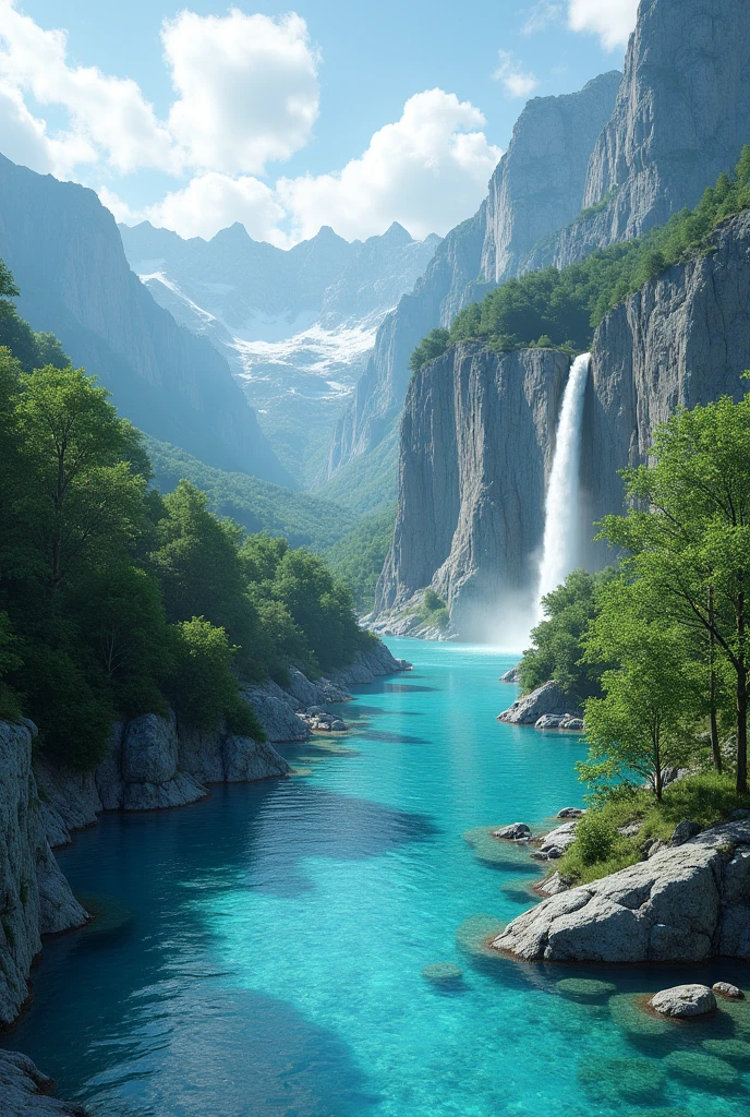 fantastic landscape, very blue transparent river, mountains with waterfall, landscape in Switzerland, cgsociety, daz3d, ps1 graphics, dystopian art, surrealism photo,