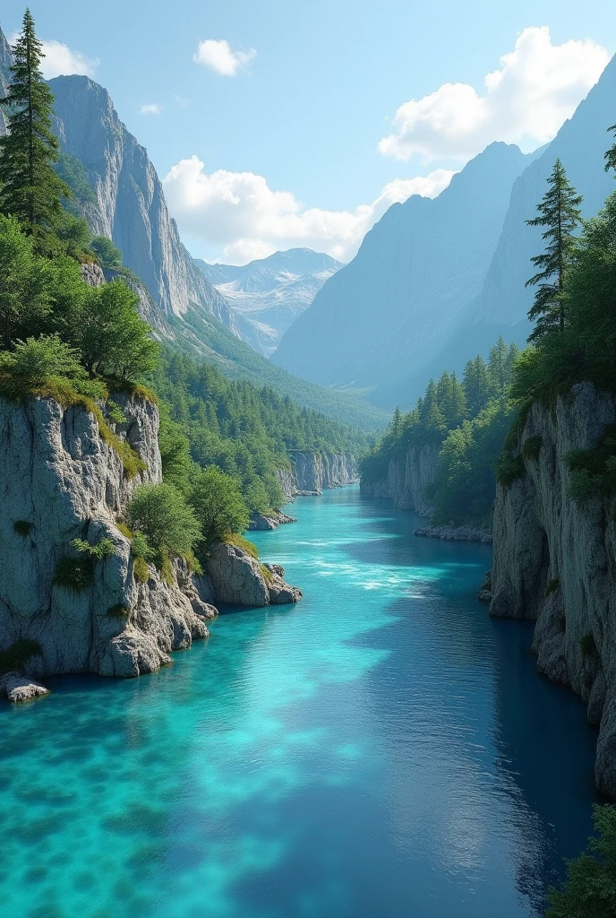 fantastic landscape, very blue transparent river, mountains with waterfall, landscape in Switzerland, cgsociety, daz3d, ps1 graphics, dystopian art, surrealism photo,