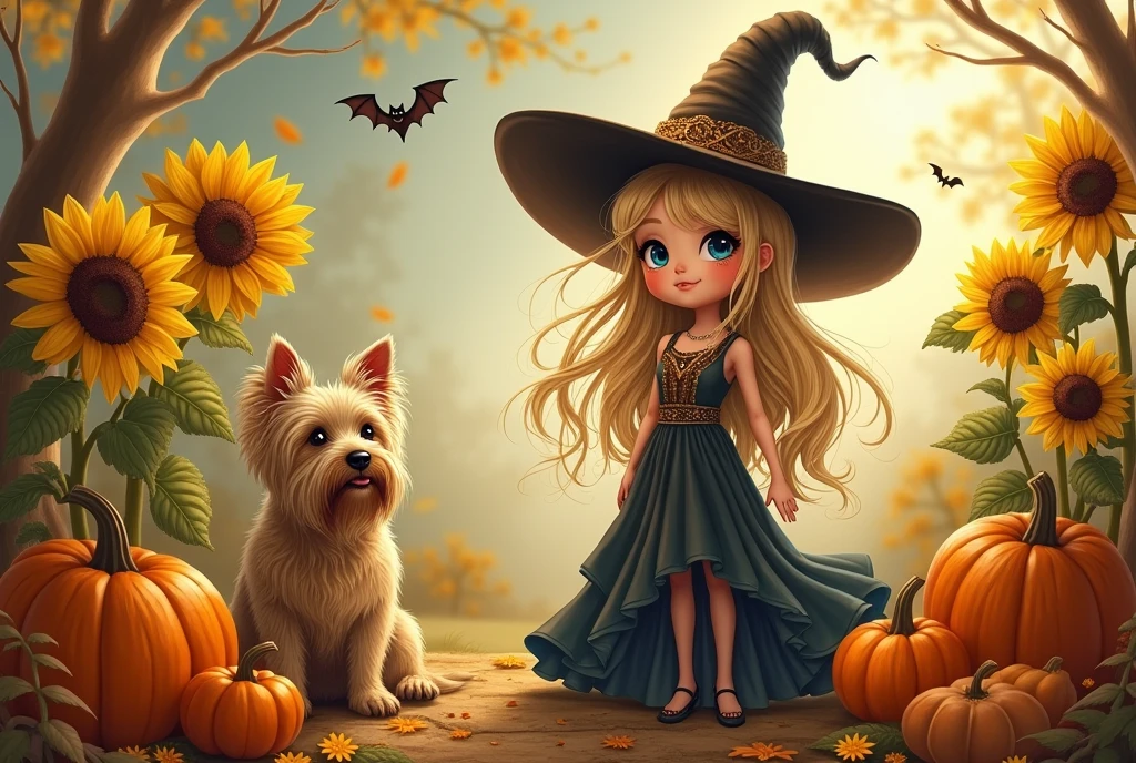 Yorkshire terrier, sunflowers, autumn, helloween, Pumpkins, bat, woman, blonde hair, blue eyes, Hexenhut