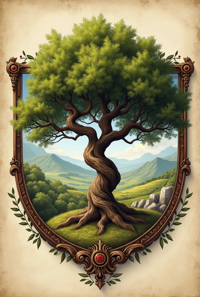 Rustic medieval olive tree family coat of arms