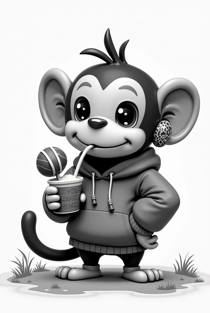 I want a monkey that is drinking juice from a box with its straw., that he has a sweatshirt and an earring and in the other hand a candy lollipop style "cupehead" black and white 2d