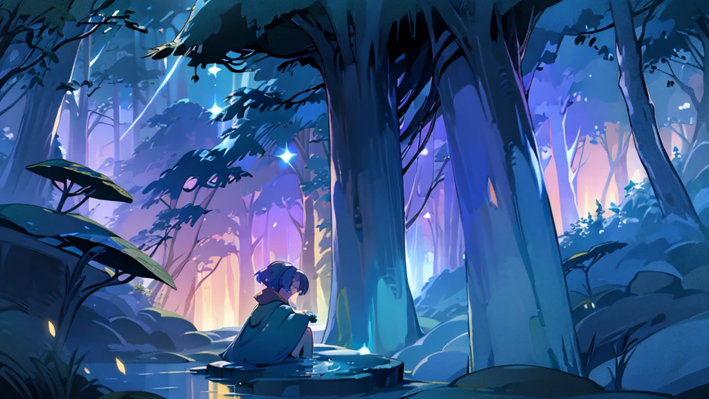 Imagine a magical, fantasy-themed scene for your lo-fi YouTube channel. The setting is a mystical forest, bathed in the soft glow of bioluminescent plants and floating orbs of light. A winding cobblestone path leads through ancient, towering trees with leaves that shimmer in shades of blue and purple.

At the center of the scene, a lone figure sits on a moss-covered rock, wearing a cloak with a hood drawn up, their face softly illuminated by a floating, glowing book that they hold open in their lap. Around them, tiny, ethereal creatures flutter through the air, leaving trails of sparkling dust behind. 

In the background, a crystal-clear stream flows gently, its surface reflecting the glow of the enchanted surroundings. The night sky above is filled with stars, and two large moons hang low, casting a surreal light over the landscape.

This image perfectly encapsulates the dreamy, otherworldly vibe of your fantasy-themed lo-fi channel, inviting viewers into a realm of magic, relaxation, and imagination.