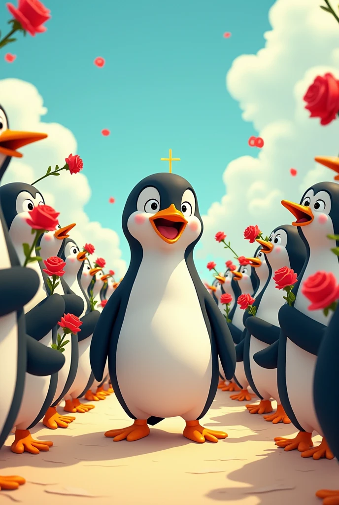 Battalion of animated penguins with their roses and Jesus in front cartoon image 
