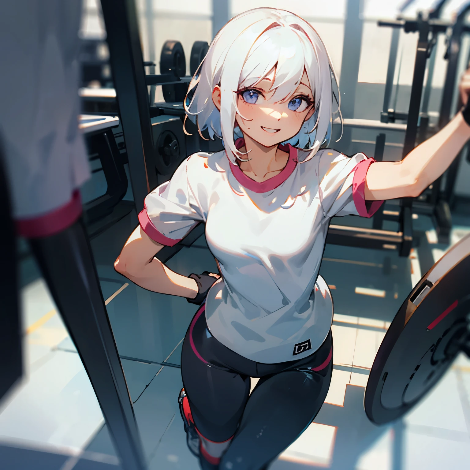 (masterpiece), best quality, BREAK, expressive eyes, (perfect face), 1woman, BREAK, (medium hair, white hair), BREAK, (lavender eyes, detailed eyes), BREAK, (happy smile) BREAK, (short heigh), BREAK, (white t-shirt) , BREAK, (black leggins), BREAK, (black sport boots), BREAK, (fitness room), BREAK, (exercise)