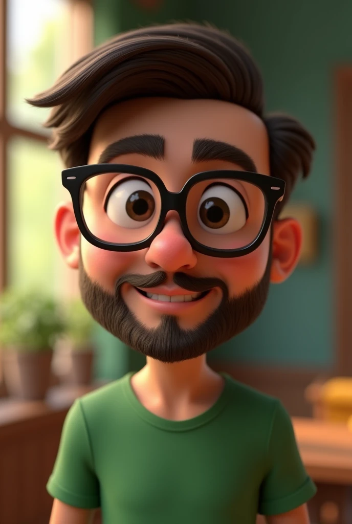 Cartoon character of a man in black glasses and a green shirt, with low beard, animation character, stylized character, animation style rendering, 3d stylized, Arnold Maya rendering, Stylized 3D rendering, toon render screenshot, 3d character, 3d character, Stylized 3D rendering, 3D character rendering, cartoon character, Personagem de close up, character posing,  (Pixar-style) (master part:1.2) (bokeh) (best qualityer) (skin detailed) (detailed texture) (8k) (Argilla) (cinematic lighting) (sharp focus)

