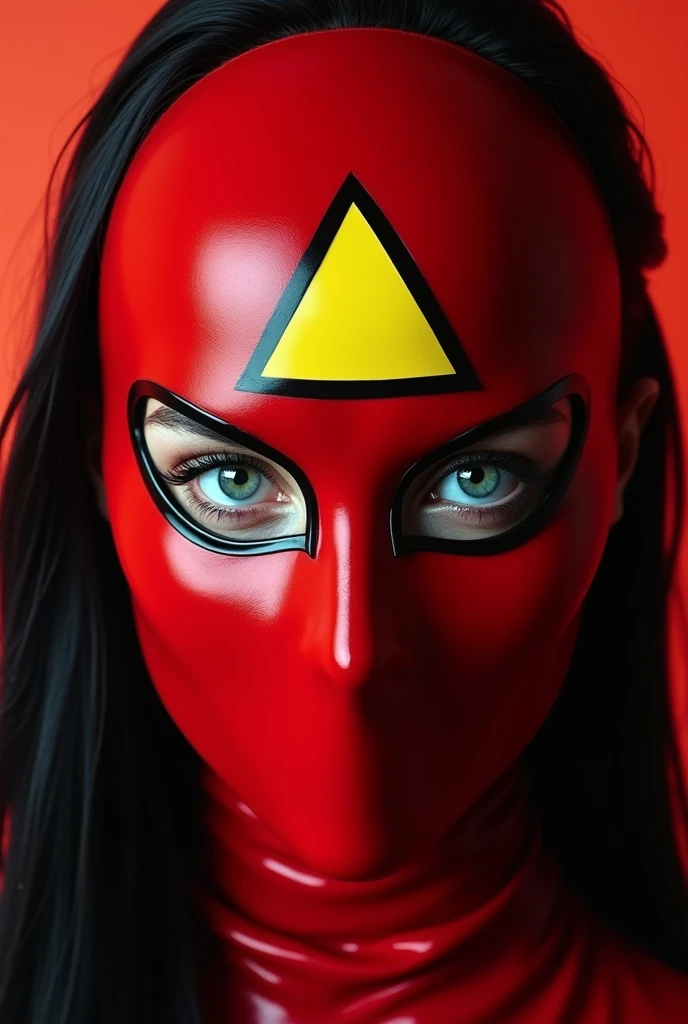 Megan fox wearing a red mask covering her eyes with white lenses, with an upside down yellow triangle on his forehead, outlined in black