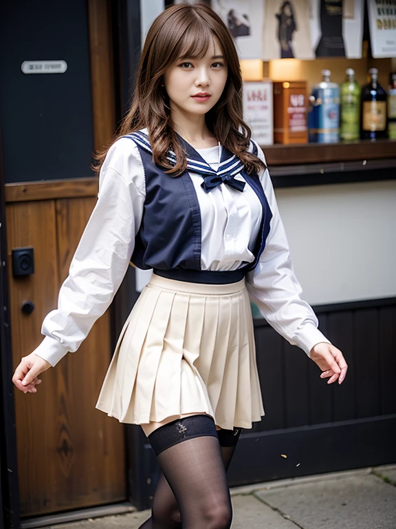 (masterpiece, Highest quality:1.2), One Girl, alone, whole body, Big Breasts,, Brown Hair,Big Breasts, Brown eyes, Mature Woman, blush, , she is standing on the street,whole body, Brown Hair, lipstick, ランダムなカラーのSailor suit、((High quality fabric, Sailor suit, Navy Pleated Skirt)), ((Short length)), zettai ryouiki, Exposing your thighs, White skin, (Black garter stockings), ((Wear black high heels)),, (Flip up your skirt to show your:1.2), (I like showing my crotch to the audience....., ), pubic hair,