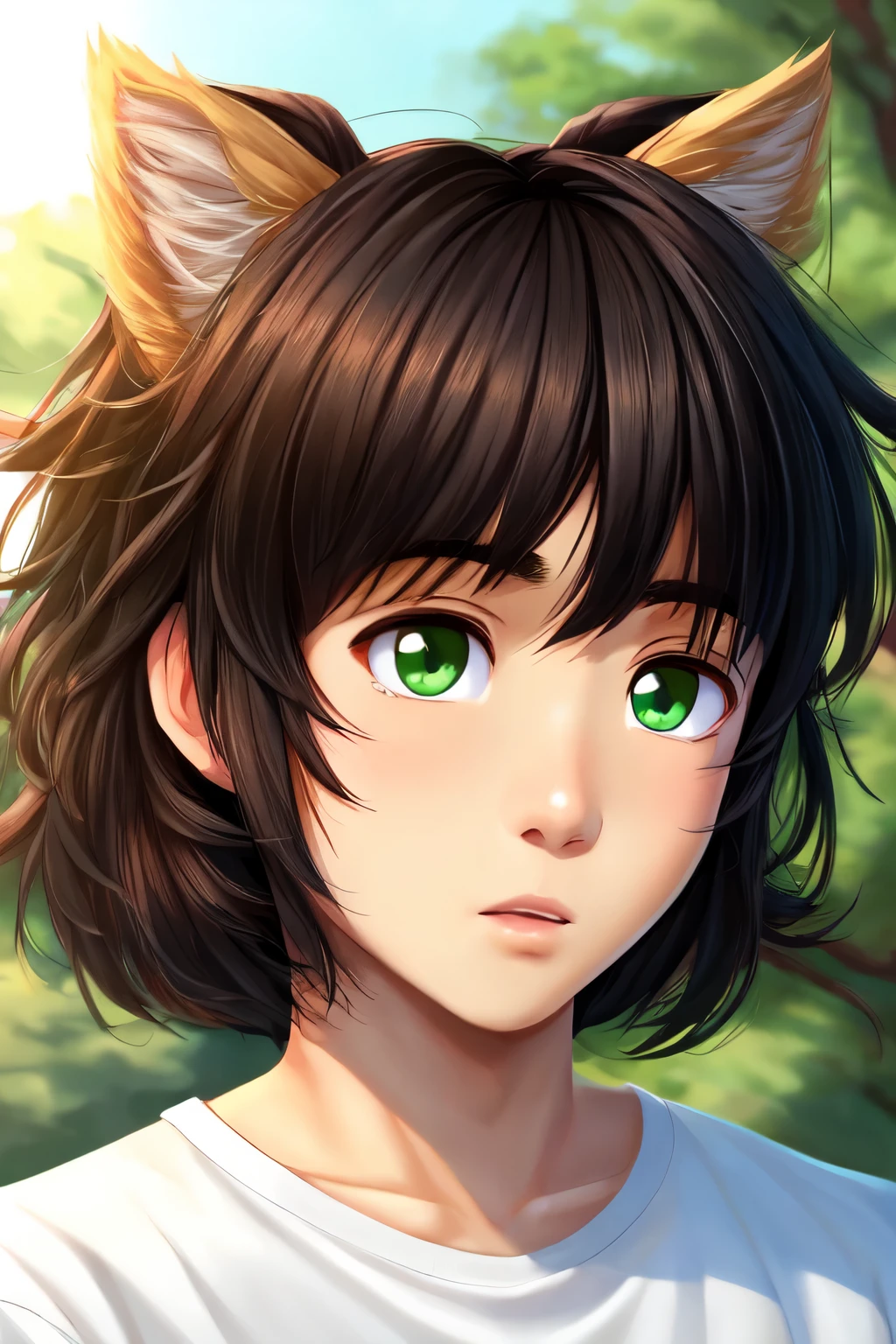 light skin boy, greeneyes, korean, messy hair with bangs, 18-years old