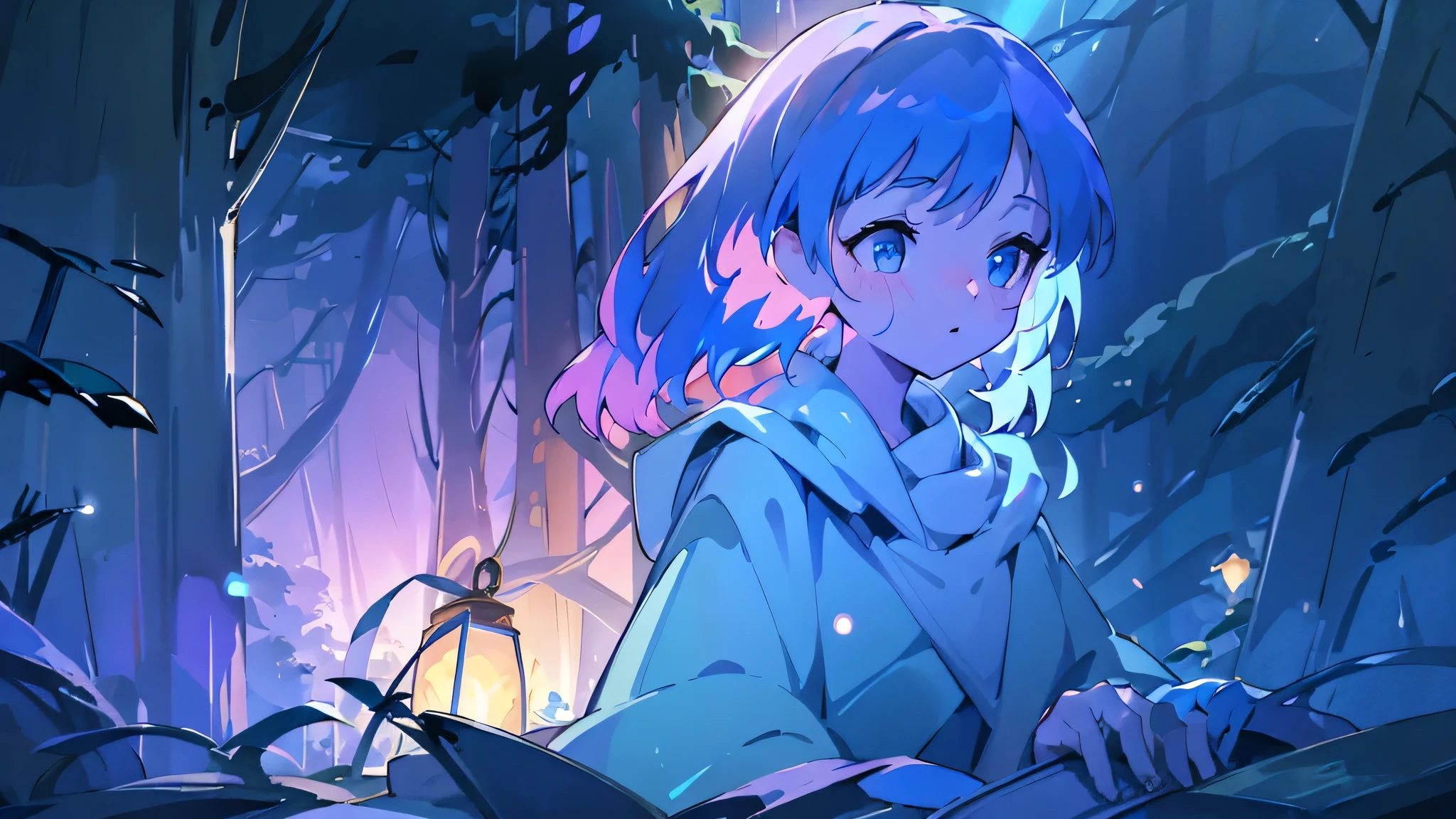 Imagine a magical, fantasy-themed scene for your lo-fi YouTube channel. The setting is a mystical forest, bathed in the soft glow of bioluminescent plants and floating orbs of light. A winding cobblestone path leads through ancient, towering trees with leaves that shimmer in shades of blue and purple.

At the center of the scene, a lone figure sits on a moss-covered rock, wearing a cloak with a hood drawn up, their face softly illuminated by a floating, glowing book that they hold open in their lap. Around them, tiny, ethereal creatures flutter through the air, leaving trails of sparkling dust behind. 

In the background, a crystal-clear stream flows gently, its surface reflecting the glow of the enchanted surroundings. The night sky above is filled with stars, and two large moons hang low, casting a surreal light over the landscape.

This image perfectly encapsulates the dreamy, otherworldly vibe of your fantasy-themed lo-fi channel, inviting viewers into a realm of magic, relaxation, and imagination.