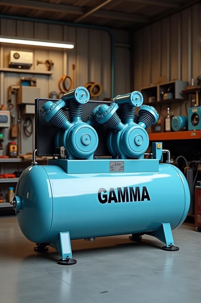 Twin-cylinder compressor 100L 3HP - G2803AR Power 3 HP Power supply 220V- 50 Hz No-load speed 1060 r/min Dimensions 450x110x920 mm Tank 100 liters Light blue air compressor brand GAMMA written in black in a mechanical workshop 