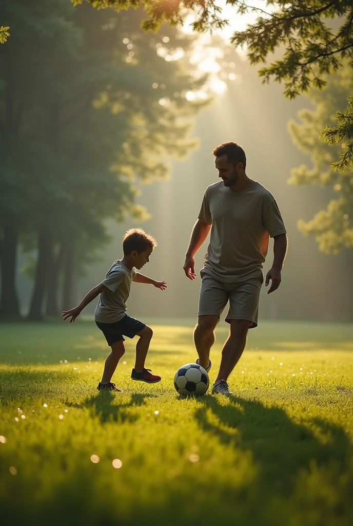 A father teaching his son to play soccer