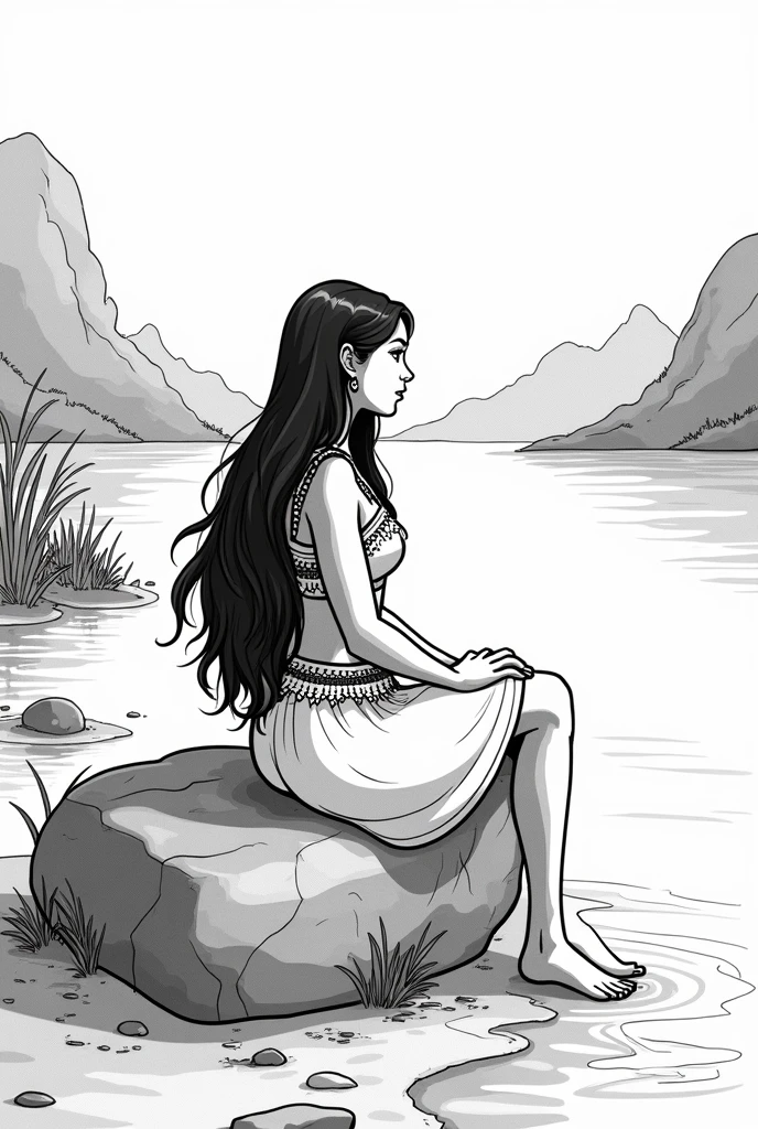 Cartoon of a long-haired Indian woman on the shore of a lake sitting on a rock in black and white