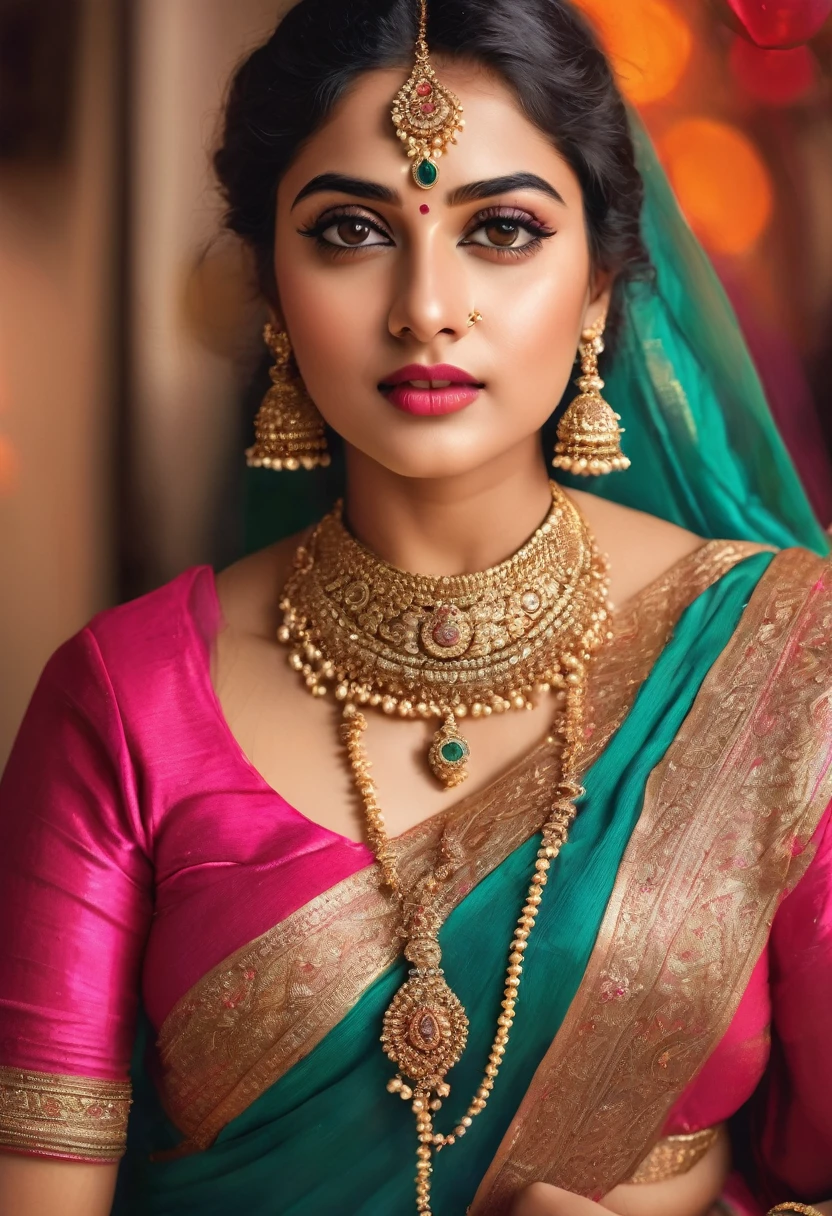 A curvy girl in a saree, exposed belly, fupa, beautiful detailed eyes, beautiful detailed lips, extremely detailed face, long eyelashes, ornate jewelry, warm lighting, photorealistic, cinematic composition, vibrant colors, intricate textile patterns, glowing skin, (best quality,4k,8k,highres,masterpiece:1.2),ultra-detailed,(realistic,photorealistic,photo-realistic:1.37)
