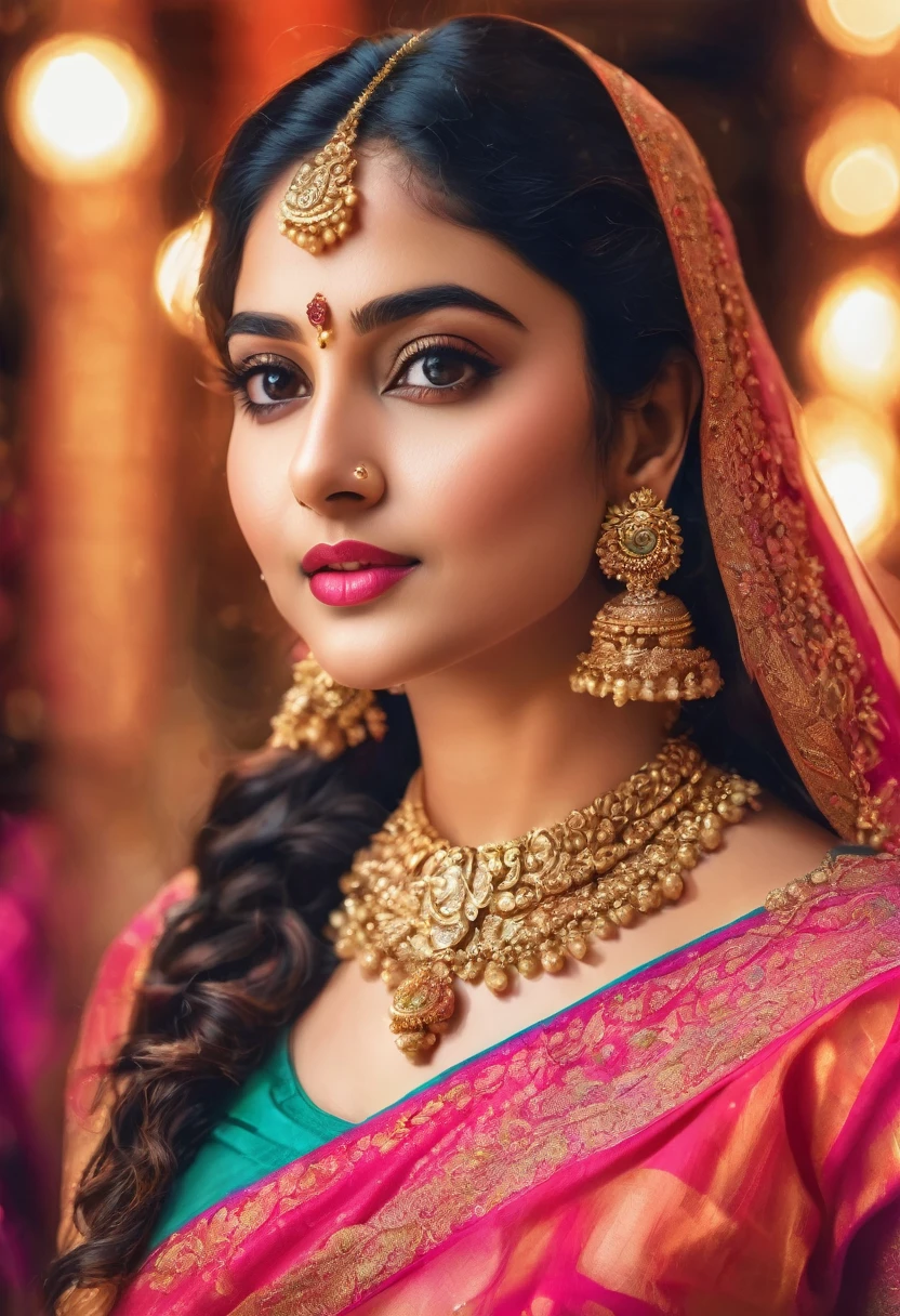 A curvy girl in a saree, exposed belly, fupa, beautiful detailed eyes, beautiful detailed lips, extremely detailed face, long eyelashes, ornate jewelry, warm lighting, photorealistic, cinematic composition, vibrant colors, intricate textile patterns, glowing skin, (best quality,4k,8k,highres,masterpiece:1.2),ultra-detailed,(realistic,photorealistic,photo-realistic:1.37)