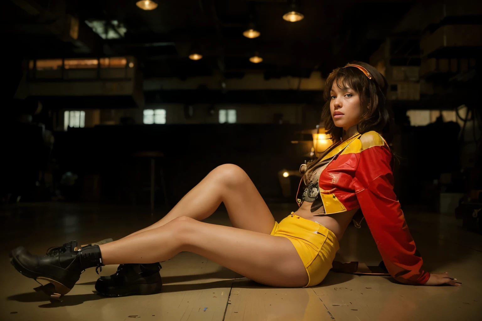 (Best quality, 8k, 32k, Masterpiece, UHD:1.2) "Change the setting of the image to the interior of the spaceship Bebop from Cowboy Bebop. The scene captures the iconic, lived-in aesthetic of the ship, with its industrial design, exposed metal beams, and dim, moody lighting. The background includes the cluttered common area, with mismatched furniture and scattered personal items that hint at the crew’s diverse lives. The walls are adorned with old posters and gadgets, adding to the sense of a space that's both functional and homey. The character stands within this space, blending into the unique atmosphere of the Bebop, surrounded by the ship's rustic charm and quiet hum of machinery."