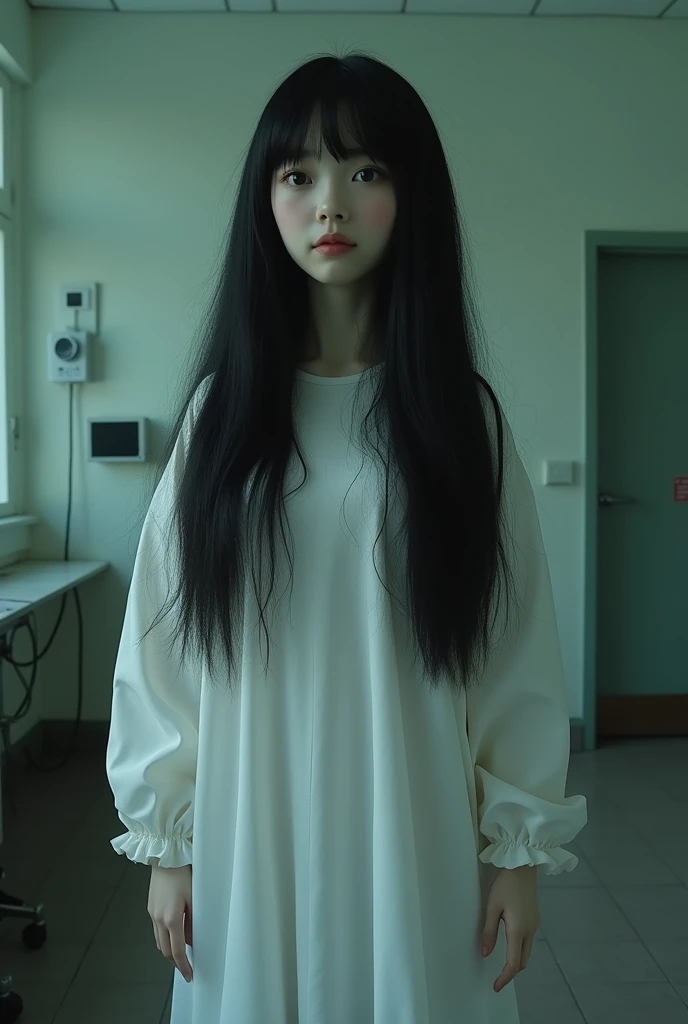 Taking pictures secretly、Hidden camera footage、Super Real、Exquisitely crafted Japanese semi-long black hair(((Stuffed Animal Girl)))、A white surgical gown made of thin, almost transparent material、Dimly lit human taxidermy studio、Abandoned Operating Room