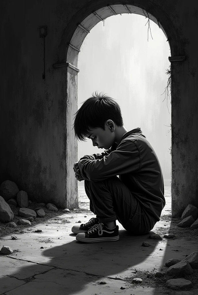 make an album cover for my death metal band, with black frame and dark vibes, sad, emotional, depressing, black and white, a kid sat down crying looking down, upset, unrealistic drawing, consumist 80s art