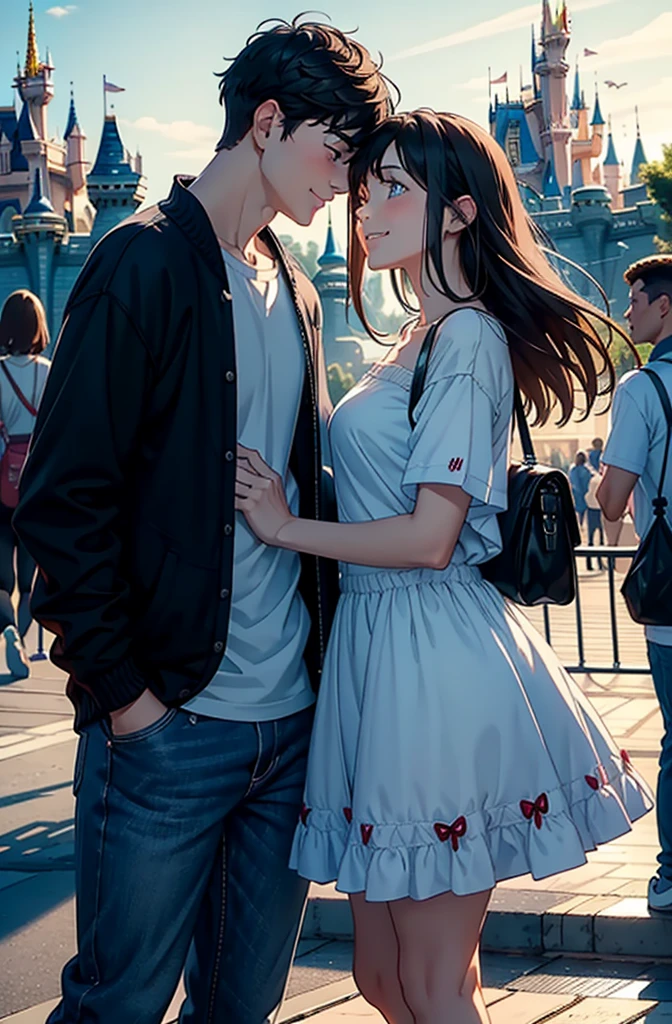 top-quality　​masterpiece　Male and female couples　Disney land　Rough plain clothes　Smile face to face　A dark-haired　Blue eyes