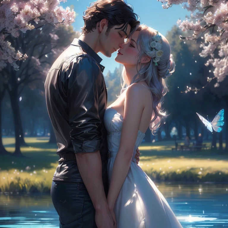 Oil painting of a couple kissing by the lake in the park, romance book cover, romantic couple, Beautiful digital artwork, Concept Art, romantic painting, Beautiful Art, charli bowater and artgeem, Marguerite Villeneuve, Gorgeous digital art, Elegant Numbers, Beautiful digital art, Unreal Engine ; Romantic Theme, Inspired by Magaly Villeneuve (magali villeneuve), Beautiful Artwork