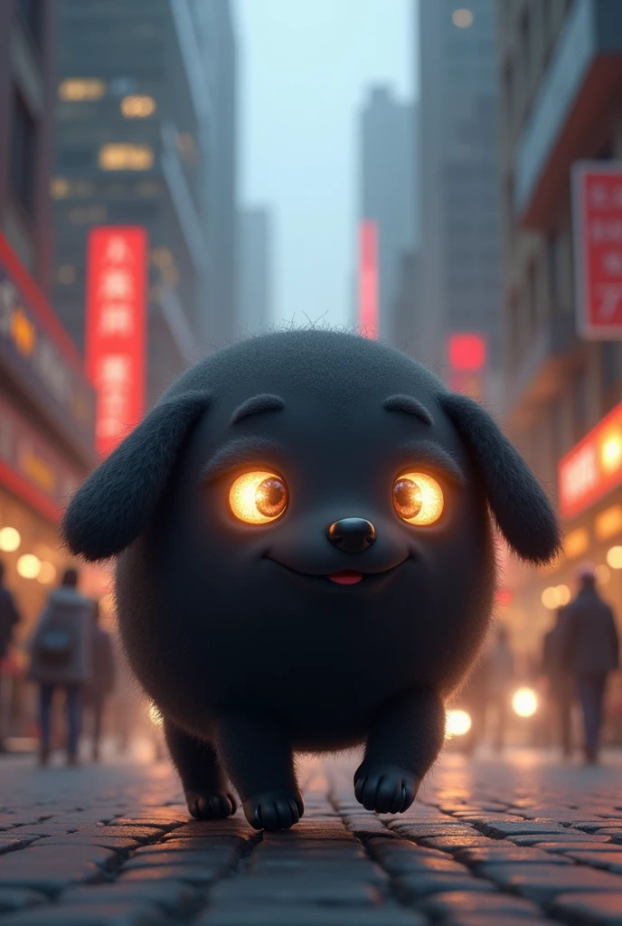 Could you please create a cute little black ball with eyes?, illuminated, and that he is helping a blind dog in the city