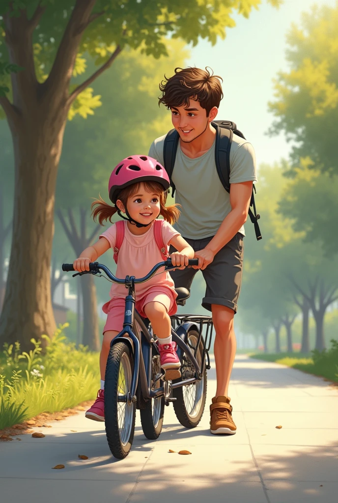 A father teaching his daughter to ride a bike