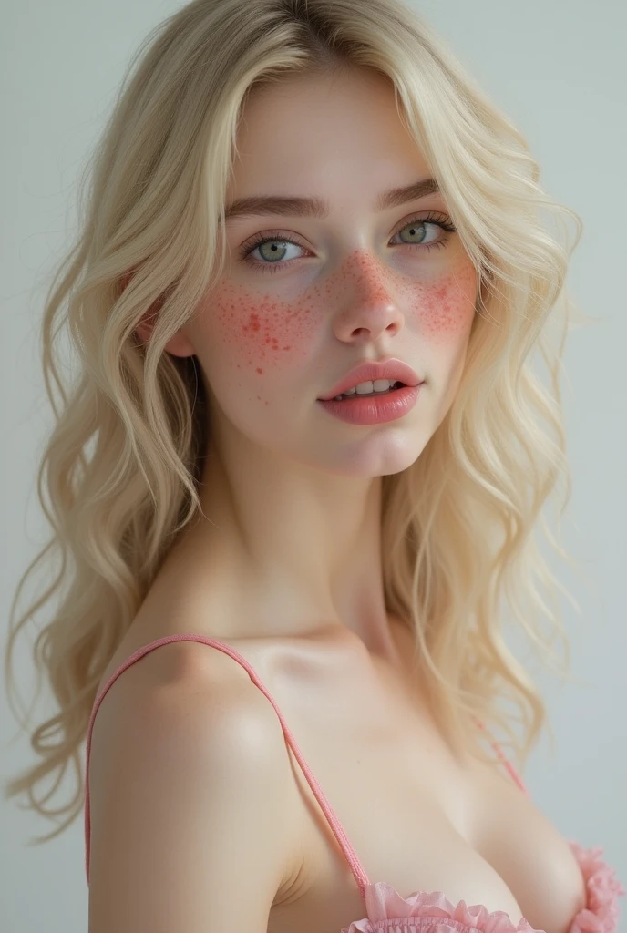 A girl with a face , with reddish freckles on her face, very white skin, with pink nipples sticking out, average ass, blonde curly hair, pink pussy, realistic front