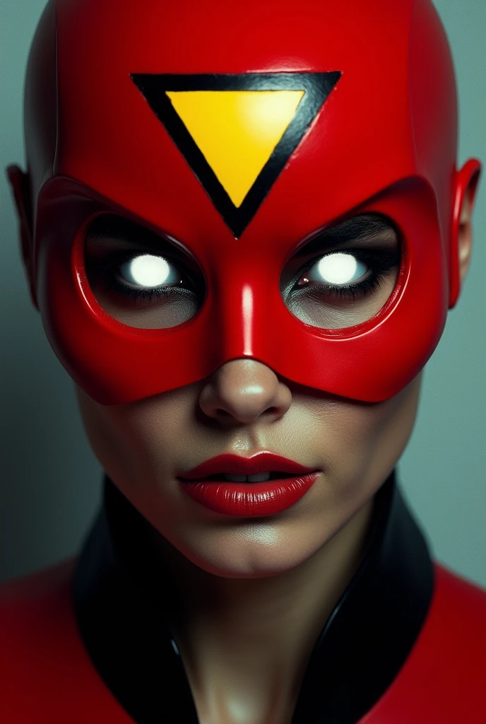 Megan fox wearing a red mask covering her eyes with white lenses, with an upside down yellow triangle on his forehead, outlined in black