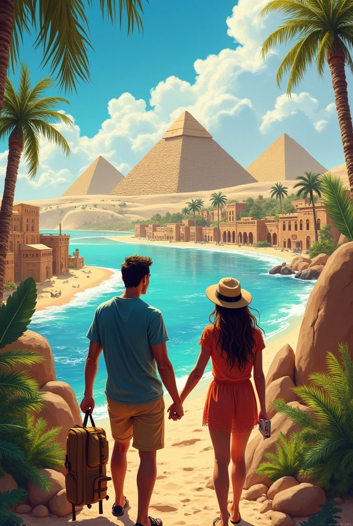 - Image of iconic tourist places such as the Pyramids of Egypt,
- A person or couple enjoying a beach vacation, in the mountain,
Or in an exotic city.