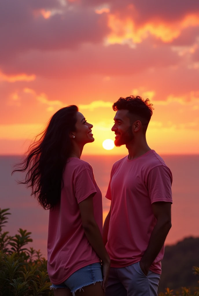 A Brazilian woman, 30 years old white, Bblack hair, watching the sunset with her husband, wearing a pink t-shirt and shots, showing extroverted personality. 真实感