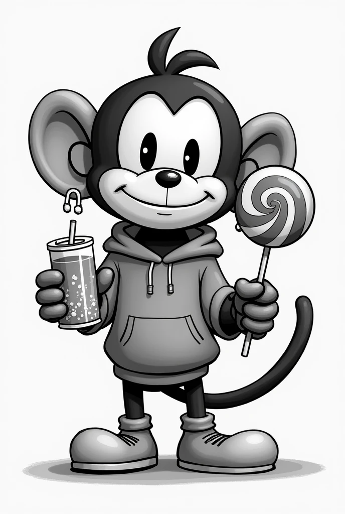 I want a monkey that is drinking a juice box with a straw, that he has a sweatshirt and an earring and in the other hand a candy lollipop style "cupehead" black and white 2d no volume