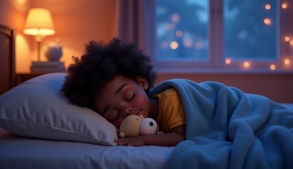 Afro child sleeping comfortably on a bed, covered by a blanket, stuffed animal, lights on the wall, window, welcoming and comforting atmosphere, night, wonder, pixiv, pixar