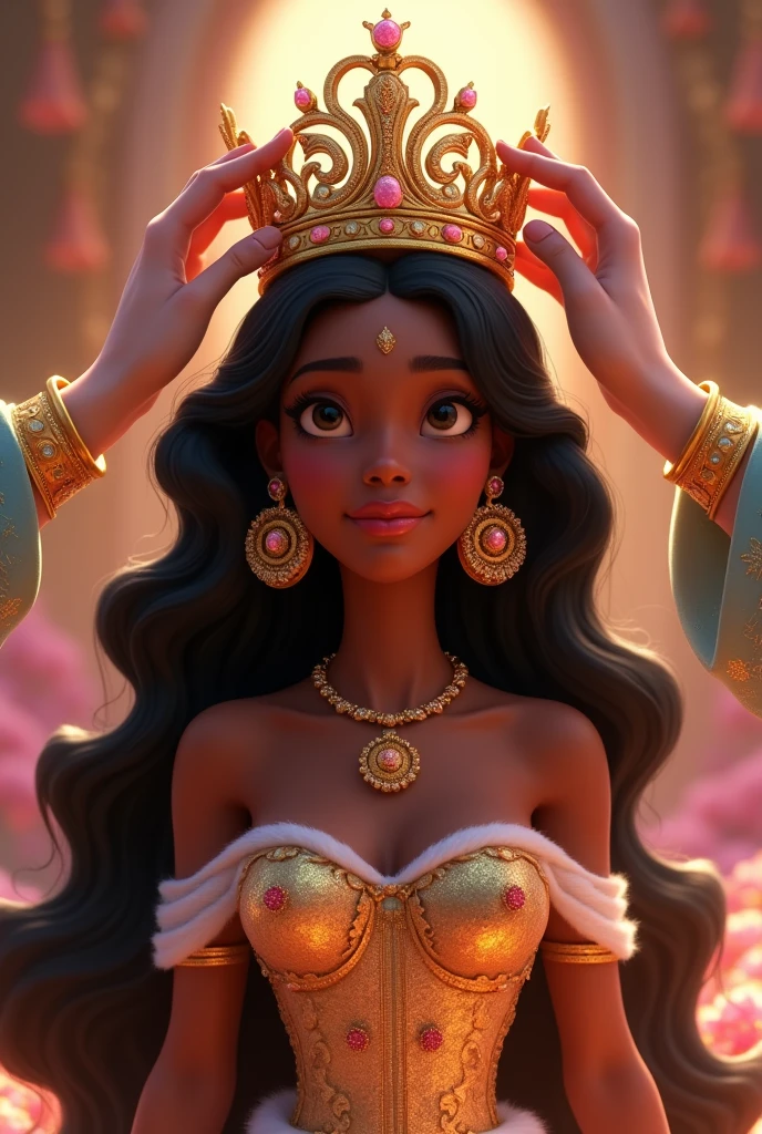 Stunning Princess Jasmine, black female, long curly hair, photo in 8k, Pixar style image, Excellent quality. A crown is being placed on your head by Jesus. Your dress is like a princess's.
