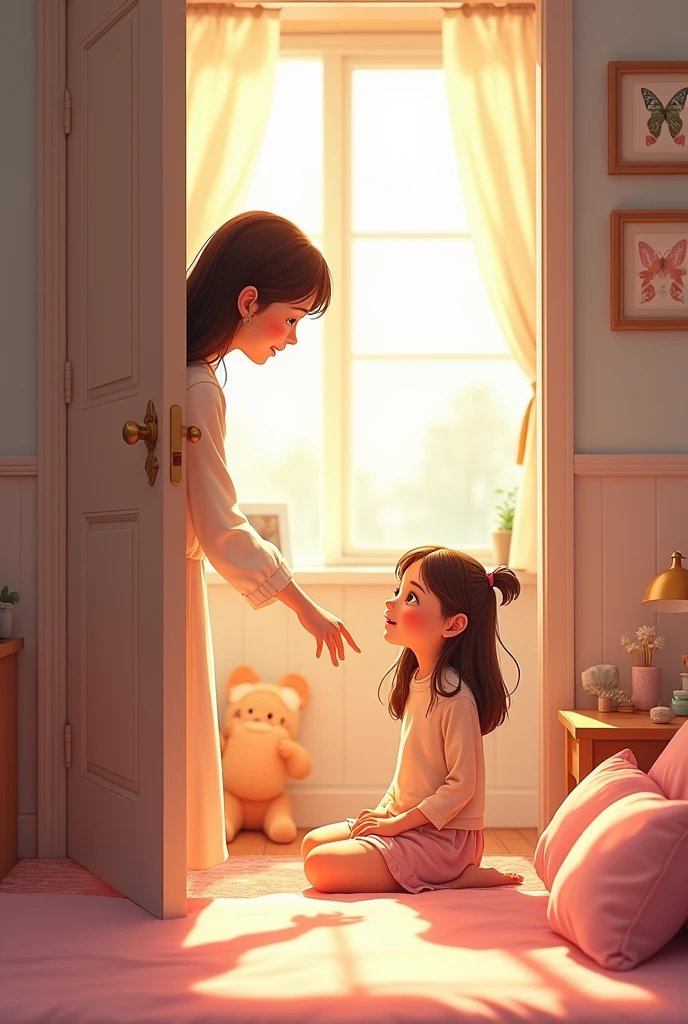 A cute is in her room when her cute mother arrives and knocks on her bedroom door.